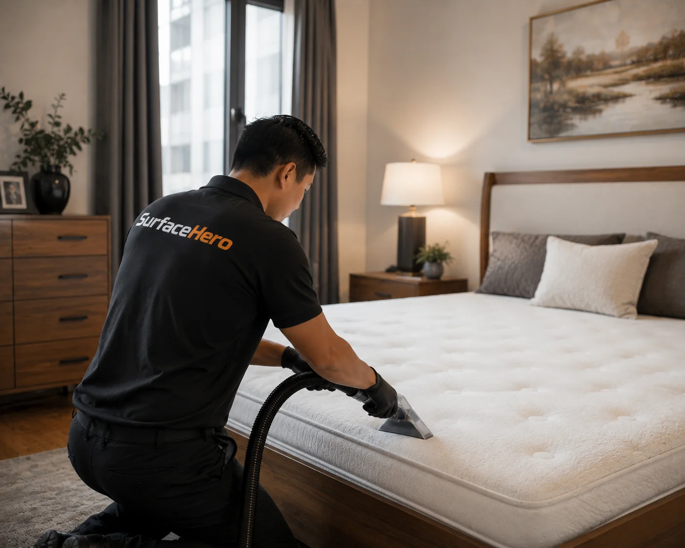 SurfaceHero specialist working on mattress in Montreal